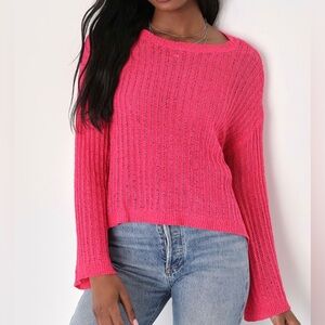 LULUS Women’s Cute Expectations Hot Pink Loose Knit Notched Sweater Top - Medium